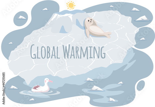 Wild seal and polar gull suffer from climate change. Polar animals on ice floe during glaciers melting. Placards and posters design of global warming. Inscription global warming vector illustration