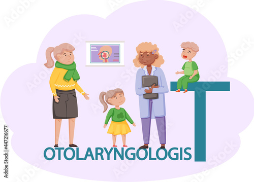Otolaryngologist doctor with nose, ear and throat or ENT diagnostic and treatment instruments. Otology doctor with patient. Otorhinolaryngology healthcare medicine or otolaryngology diseases