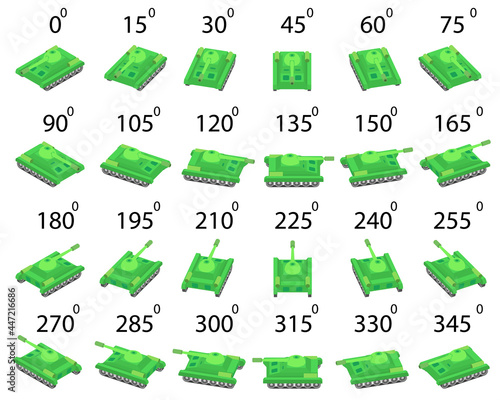 A set of 24 tanks for video games in isometric view. Animation of the rotation of a green tank by 15 degrees. 