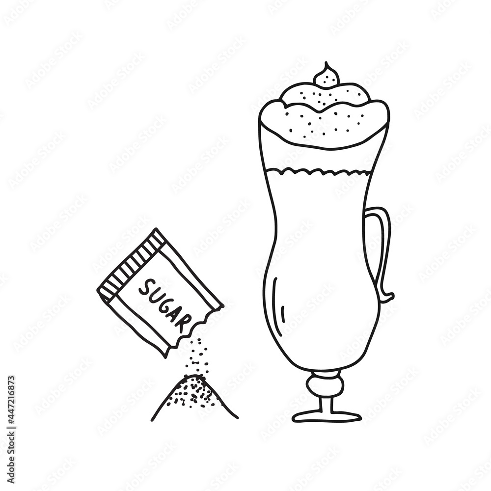 Hand drawn doodle vector illustration of delicious hot cup of cappuccino with a packet of sugar. Isolated on white background. Hand drawn doodle vector illustration of delicious hot cup of cappuccino with a packet of sugar. Isolated on white background.