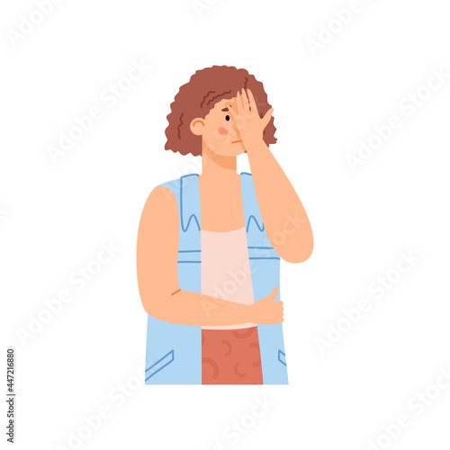 Disappointed confused woman with hand on head, flat vector illustration isolated.