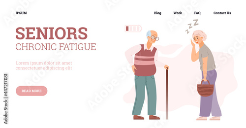 Seniors chronic fatigue website with old people, flat vector illustration.