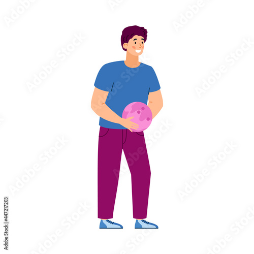 Bowling or kegling player male holding ball, flat vector illustration isolated.