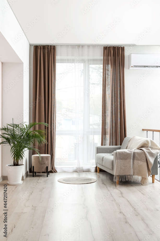 Interior of stylish living room with light curtains Stock Photo | Adobe ...