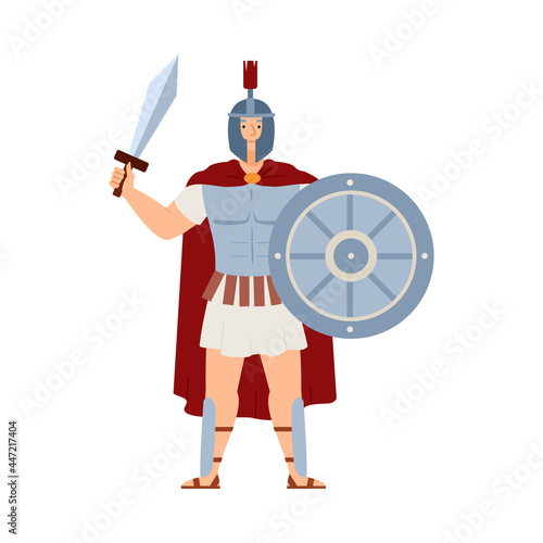 Ares greek deity of war, male character in armor with sword and shield in hands.