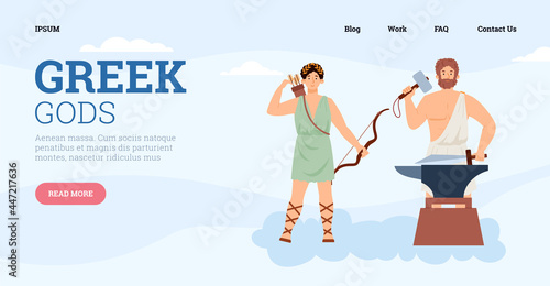 Vector webpage with greek ancient mythology god hephaestus and goddess artemis