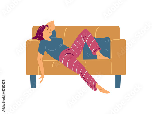 Lazy woman relaxing and procrastinating, flat vector illustration isolated.