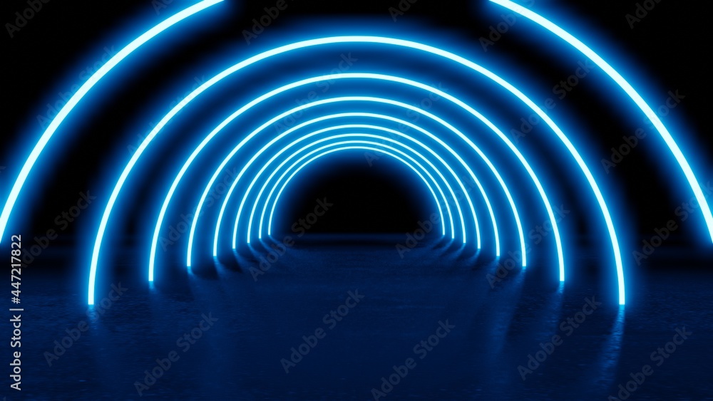 Fototapeta premium abstract circle neon tunnel with reflection . blue neon laser circles with reflection. abstract technology retro background . Futuristic glowing motion design . 3d illustration rendering
