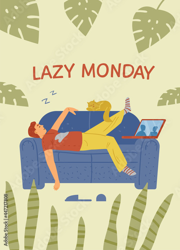 Man sleeps on couch with cat and laptop. Vector cartoon illustration of lazy Monday concept in flat style.