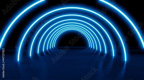abstract circle neon tunnel with reflection . blue neon laser circles with reflection. abstract technology retro background . Futuristic glowing motion design . 3d illustration rendering