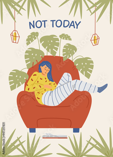 Flat vector illustration of sad girl in red chair was left at home with text not today.