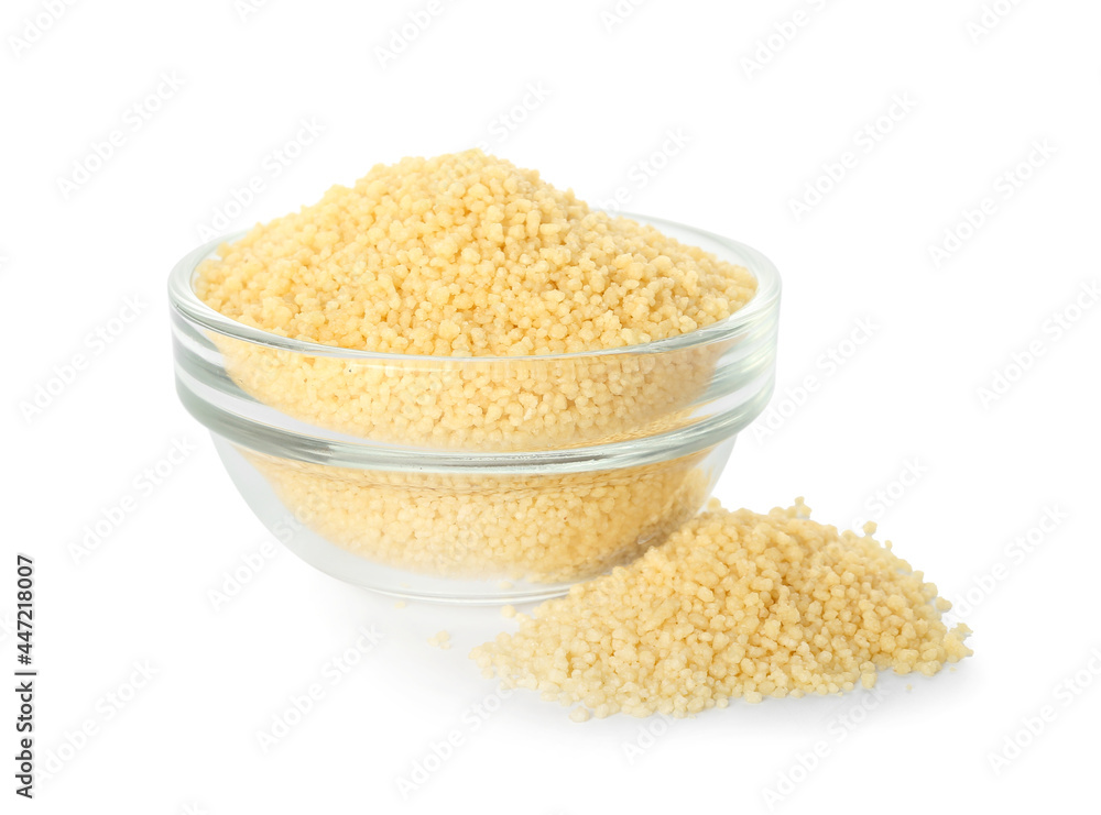 Bowl with raw couscous on white background Bowl with raw couscous on white background