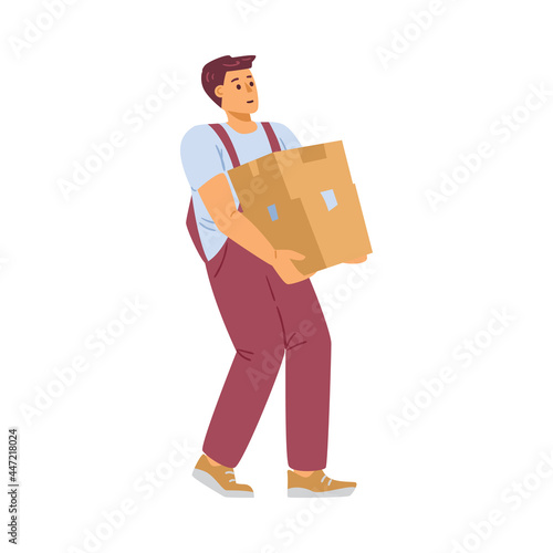 Worker of delivery company carry heavy cardboard box a vector illustration.
