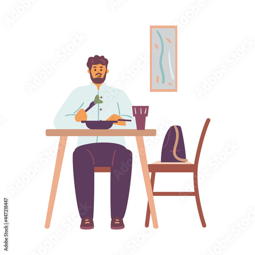 Young bearded man is having breakfast. Vector flat cartoon character illustration of guy in suit sitting at table and eating.