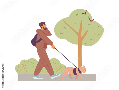 Young man walks with dog on leash in park in summer. Vector flat cartoon illustration of character and daily routine.