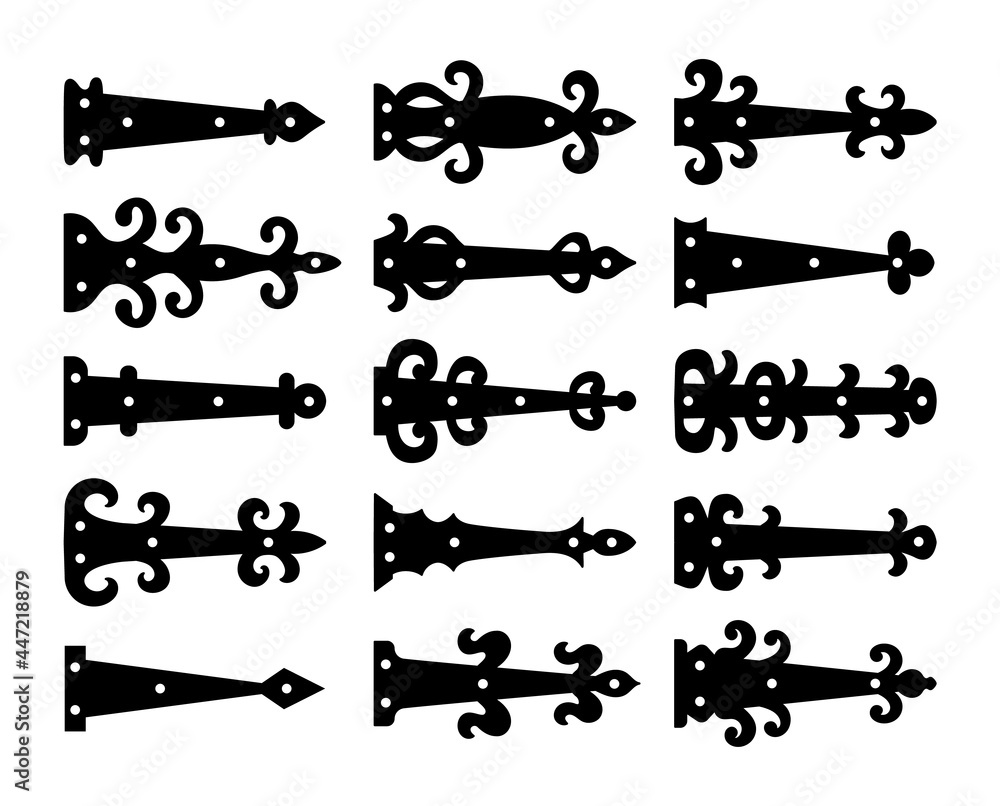 Decorative vintage arrow hinges. Accents for garage and barn doors, gates, trunks. Flat icon set. Vector illustration. Signs of old hardware. Isolated objects