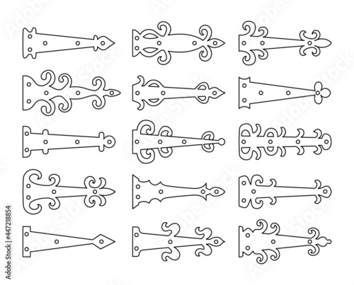Decorative vintage arrow hinges. Accents for garage and barn doors, gates, trunks. Line icon set. Vector illustration. Signs of old hardware. Isolated objects on white background