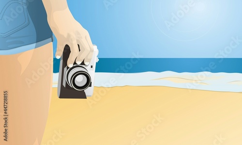 Illustration of a girl holding a camera on the beach in sunny weather. Vector illustration. 