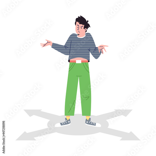 Choice way, man stands at crossroads arrows, makes decision in flat style