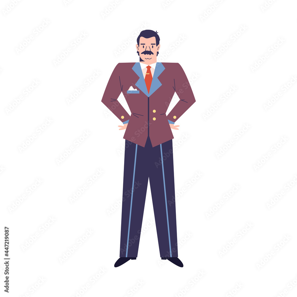 Hotel manager in retro uniform in flat cartoon style vector illustration