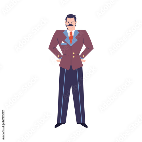 Hotel manager in retro uniform in flat cartoon style vector illustration