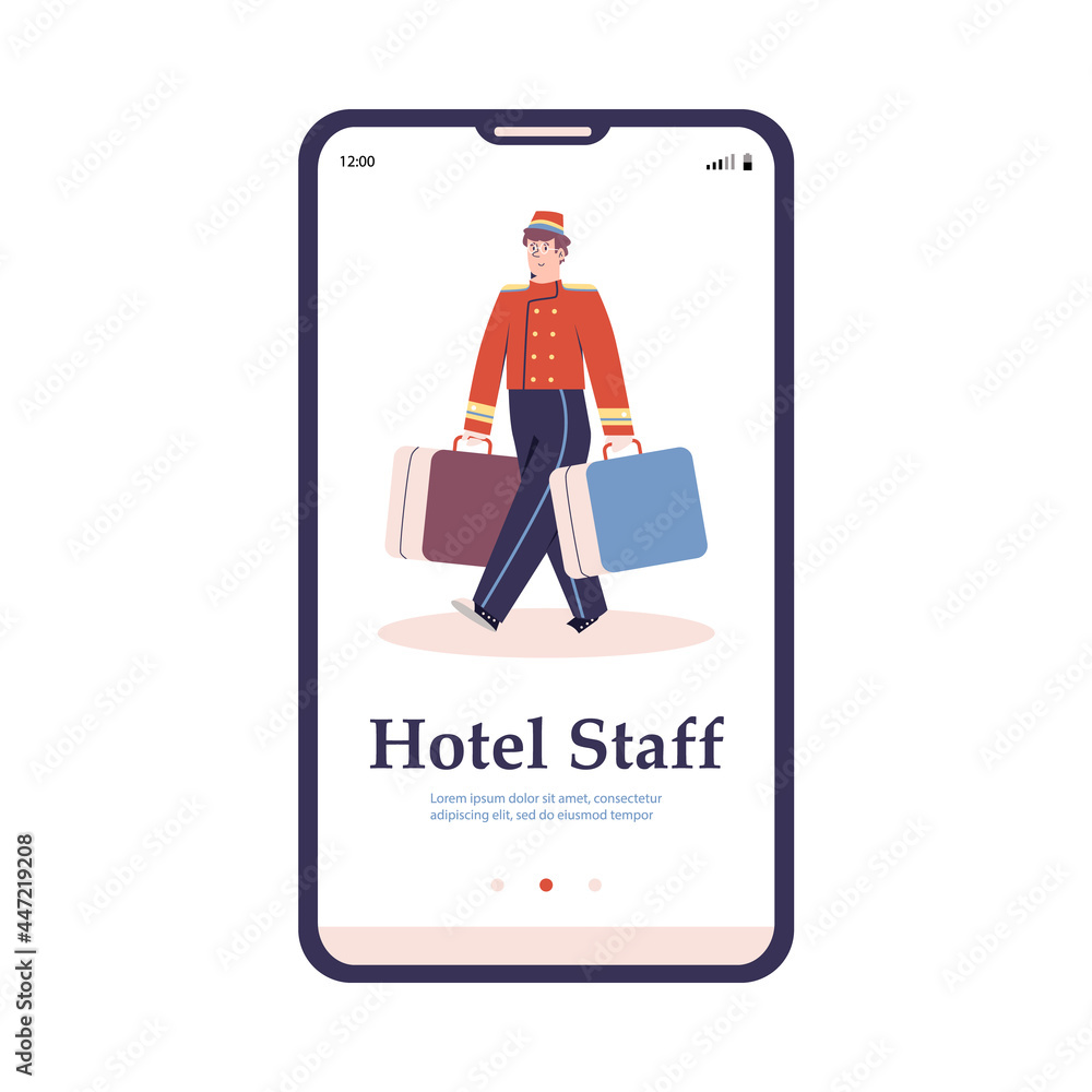 Onboarding page with hotel porter carrying suitcases, flat vector illustration. Onboarding page with hotel porter carrying suitcases, flat vector illustration.