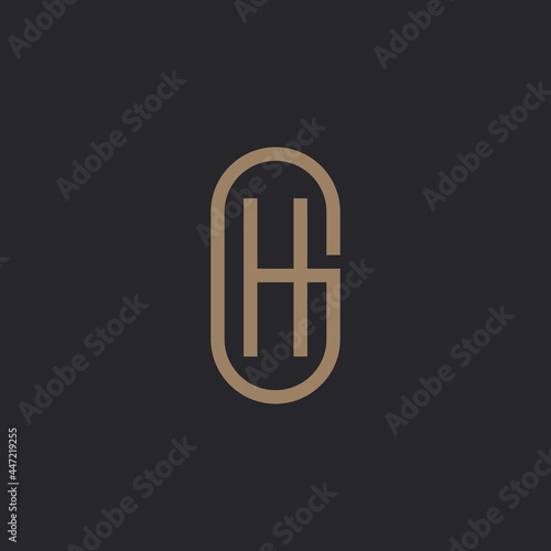 Initial letter GH, HG minimalist art logo, gold color on black background.