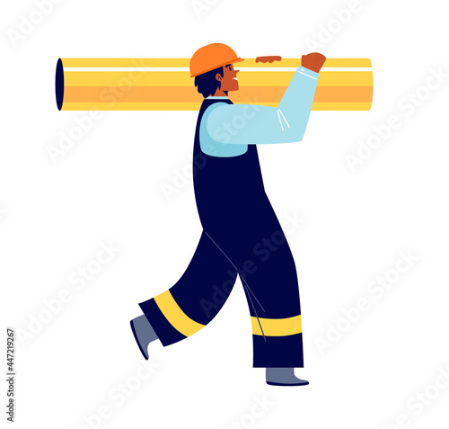 Builder of gas and oil factories in uniform and yellow helmet holdung pipe.