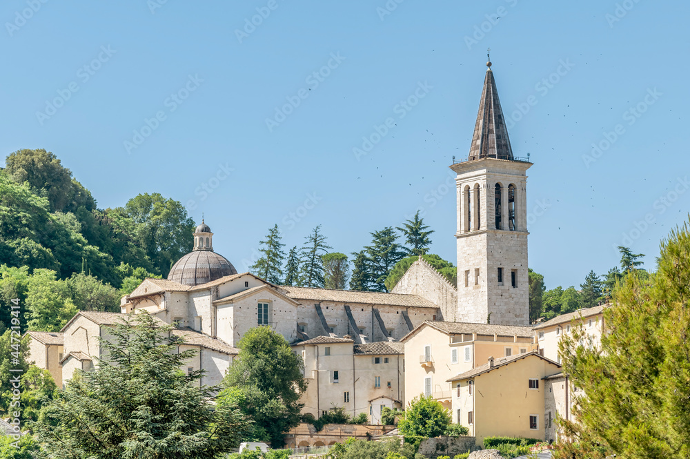Beautiful side view of the Duomo of Spoleto, Italy, on a sunny day