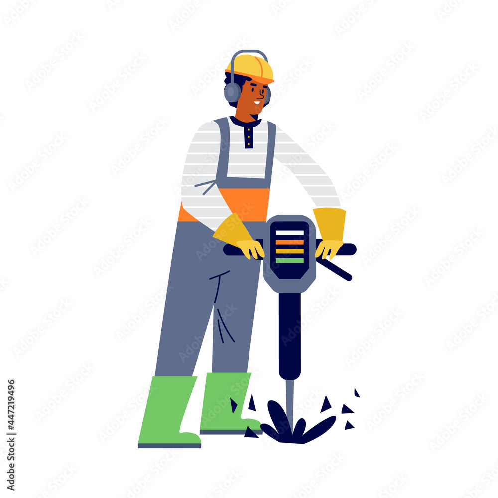 Construction worker drills road surface in flat vector illustration Construction worker drills road surface in flat vector illustration