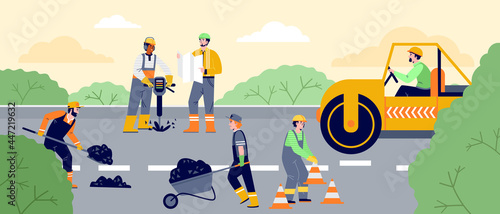 Road construction workers paving asphalt, repair road surface, sidewalks