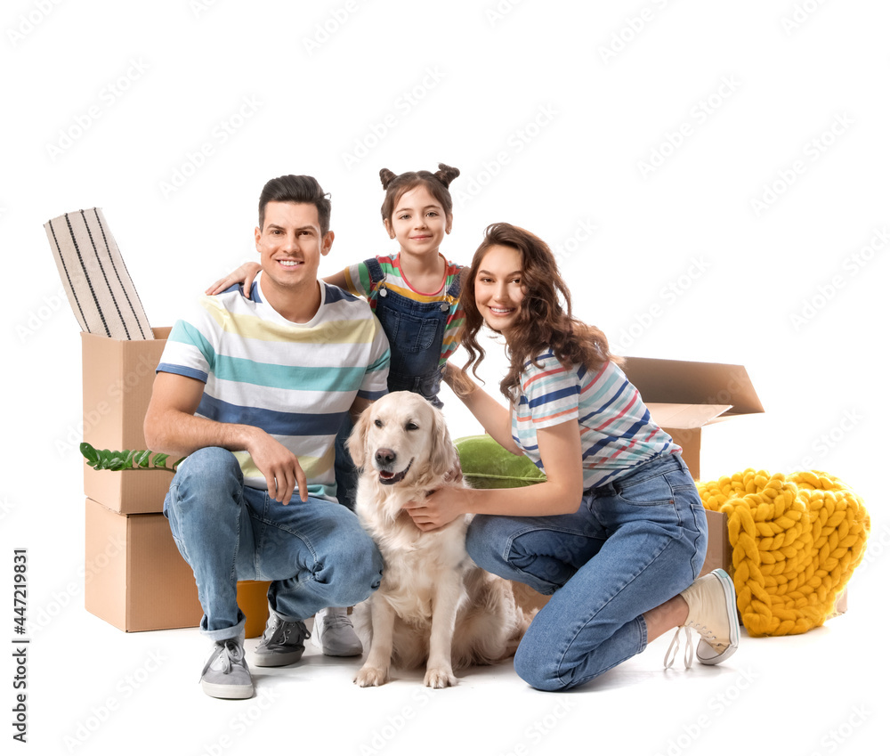 Happy family with dog and belongings on white background Happy family with dog and belongings on white background