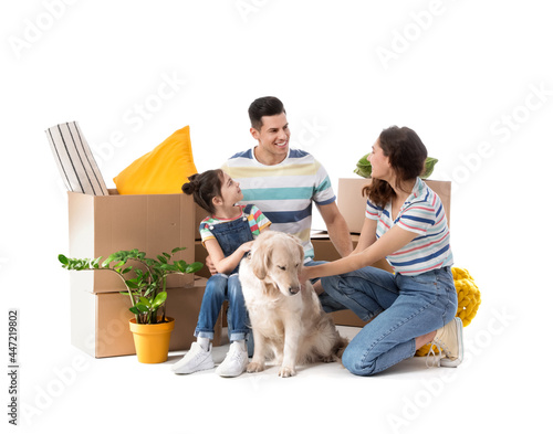 Happy family with dog and belongings on white background © Pixel-Shot