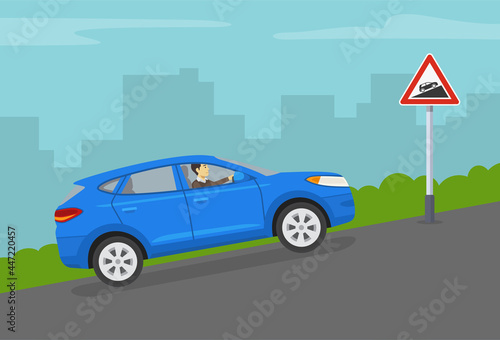 Driving a car on a grades and hills. Blue suv goes up the hill by city  road. Steep ascent road or traffic warning sign. Flat vector illustration template.