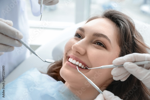 Young woman visiting dentist in clinic  closeup