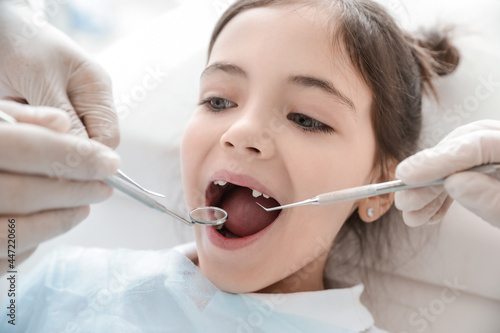 Little girl visiting dentist in clinic, closeup