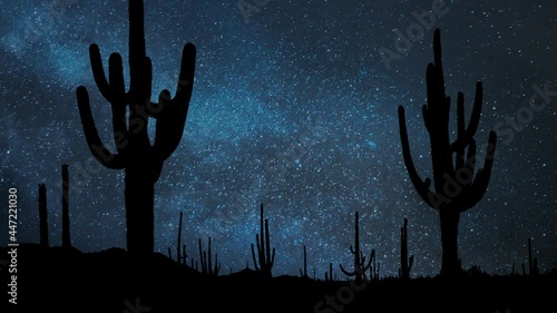 Saguaro Sactus Forest, Time Lapse by Night with Stars and Milky Way in Background