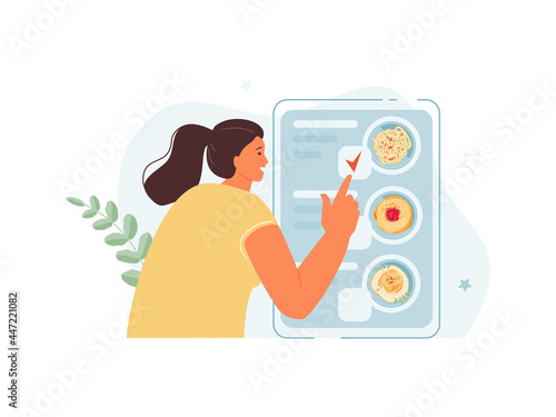 Young Girl selects dishes in the application. Ordering products online delivery to your home or office. Vector web illustration