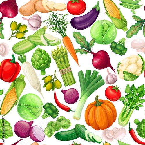 Vegetables seamless pattern, vector illustration. Background with artichoke, leek, corn, garlic, cucumber, pepper, onion, celery, asparagus, cabbage and ets.