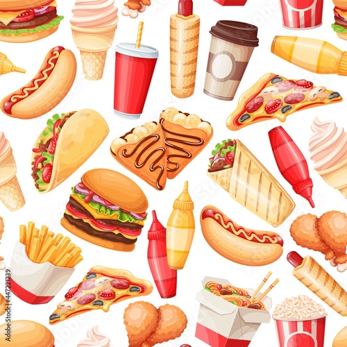 Fast food seamless pattern, vector illustration. Background with crepes, hamburger, wok noodles, hot dog, shawarma, pizza and others for takeaway cafe design. Illustration of street food.