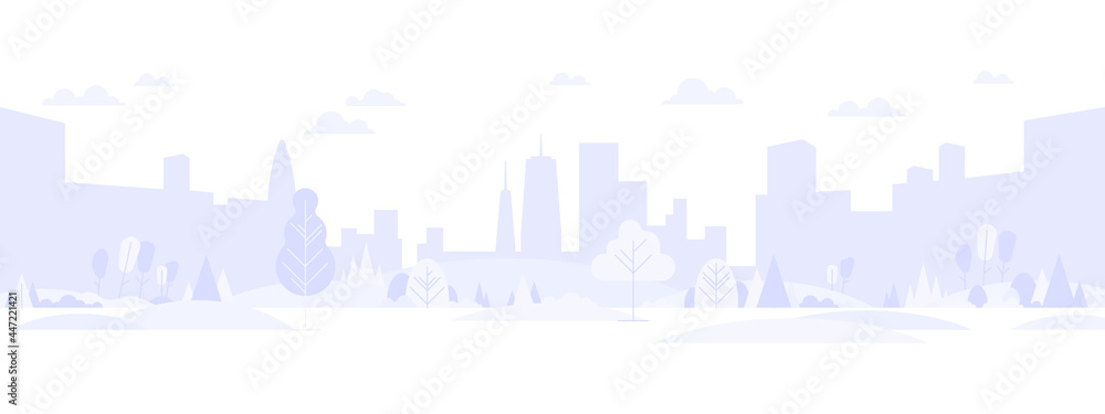 Light gray cityscape background. City buildings with trees at park view. Monochrome urban landscape with street. Modern architectural panorama in flat style. Vector illustration horizontal wallpaper