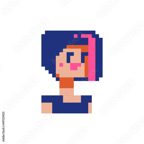Beautiful young girl character. Avatar, female portrait, profile picture. Fashionable haircut. Pixel art. Flat style. Hairdresser's logo. Game assets. 8-bit. Isolated vector illustration.