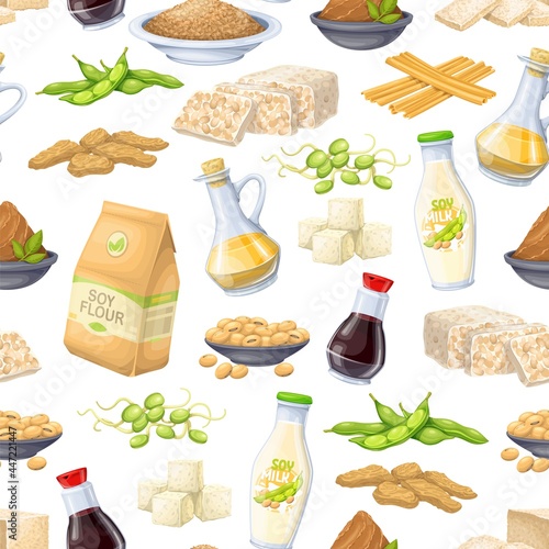 Soy product seamless pattern, vector illustration. Background with soy sprouts, tofu skin, coagulated soy milk, soybean, tempeh, miso, flour and ets.