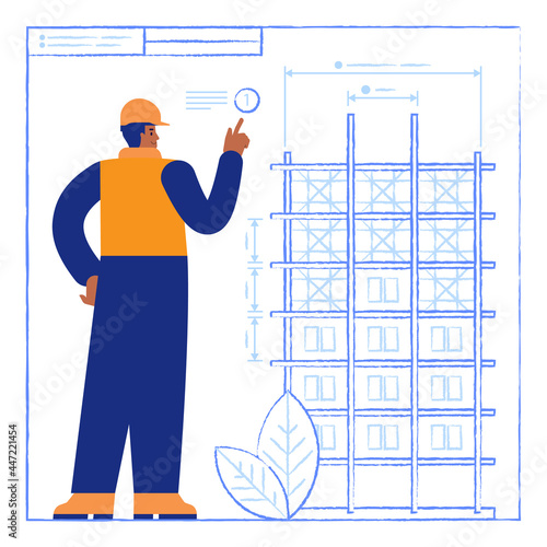 Architect working with construction drawing of future multi-storey building. Engineer designs house on blueprint and making measurements. Real estate business. Vector illustration scene with character