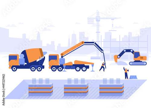 Construction site of building house concept. Team of builders makes foundation, pours concrete from concrete pump, excavator digs. Real estate business. Vector illustration scene with tiny characters