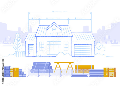 Construction site of project future house. Pipes, blocks and other building materials lying on work area. Schematic facade residence with measurements. Real estate business. Vector illustration scene
