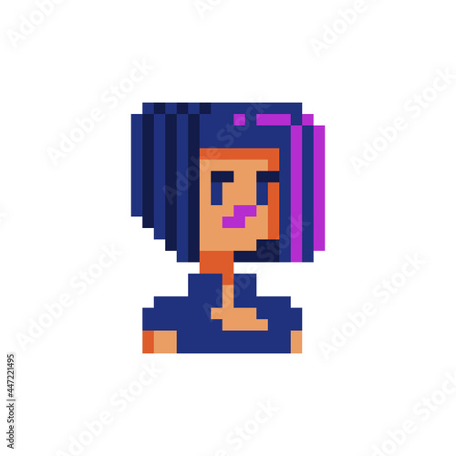 Beautiful young girl character. Avatar, female portrait, profile picture. Fashionable haircut. Pixel art. Flat style. Hairdresser's logo. Game assets. 8-bit. Isolated vector illustration.