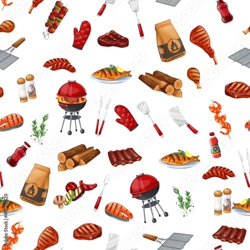 BBQ party seamless pattern, vector illustration. Background with barbecue, grill or picnic. Grilled salmon, sausage, vegetables, meat steak фтв shrimp.