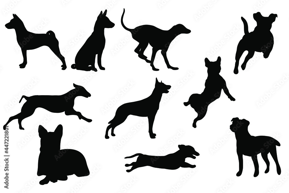 silhouette of dogs activity set vector