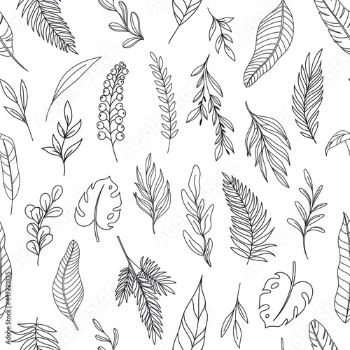 Modern line art tropical leaves seamless pattern. Background with drawn outline forest palm monstera fern hawaiian leaves. Hand drawn tropical elements vector illustration.